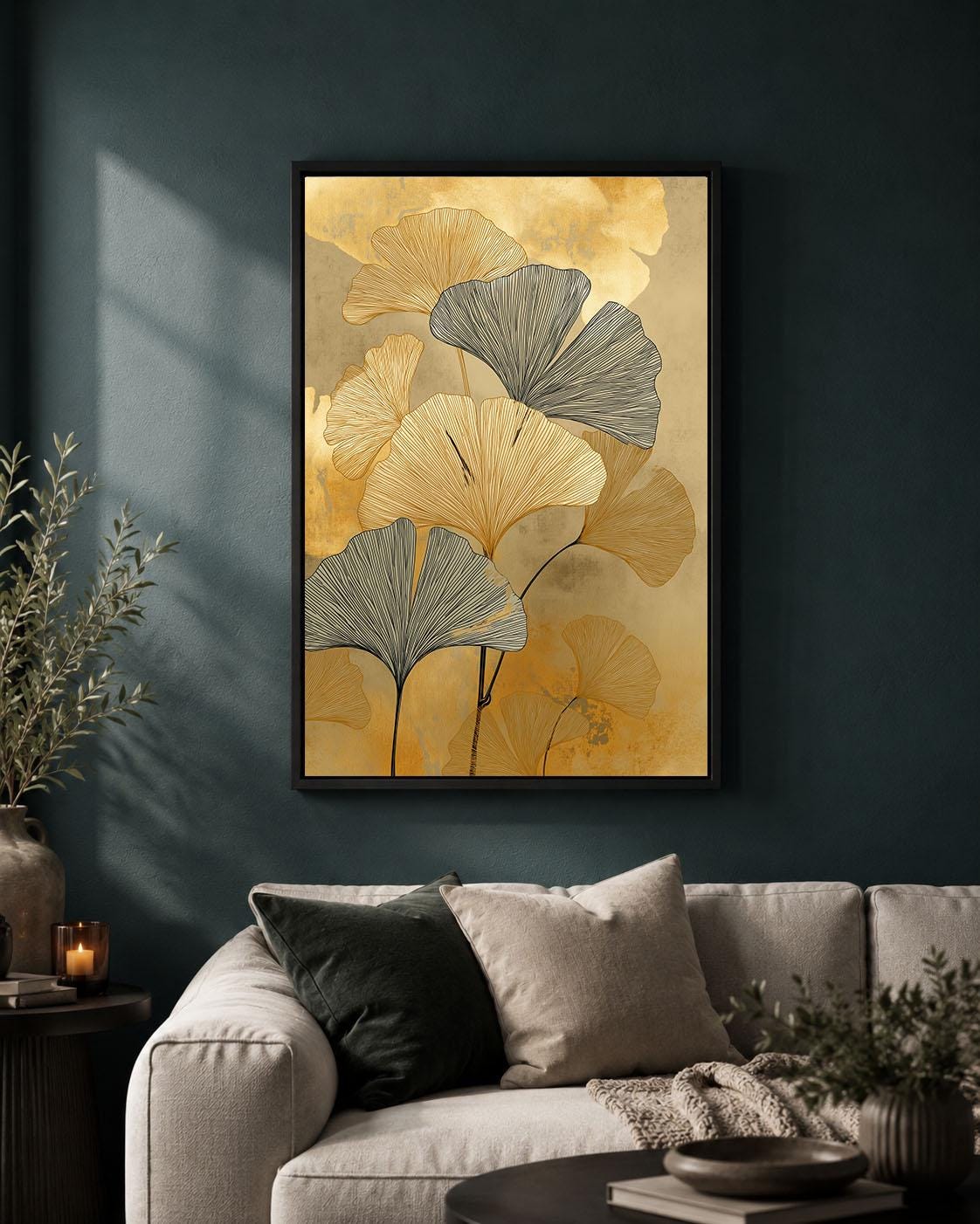 Gold Ginkgo Framed Canvas, Elegant Botanical Wall Art, Black and Gold Leaf Artwork, Art Deco Inspired Luxury Home Decor