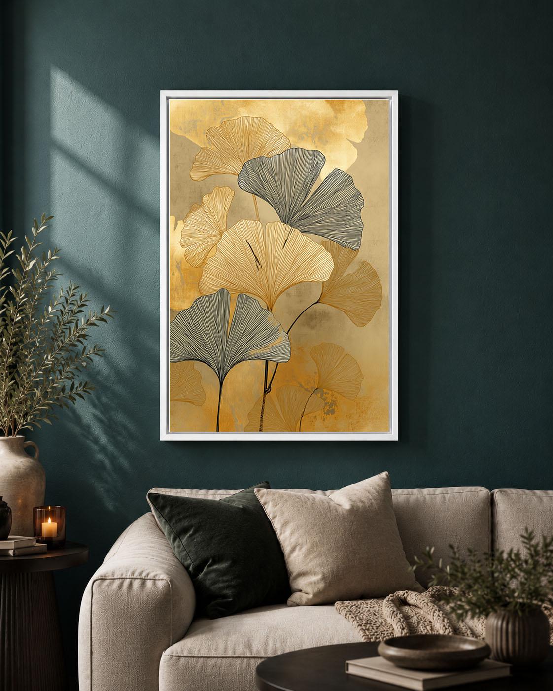 Gold Ginkgo Framed Canvas, Elegant Botanical Wall Art, Black and Gold Leaf Artwork, Art Deco Inspired Luxury Home Decor