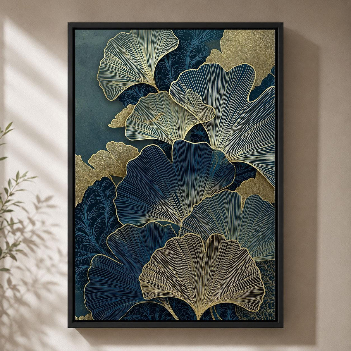 Blue and Gold Ginkgo Elegant Botanical Art Deco Leaf Framed Canvas