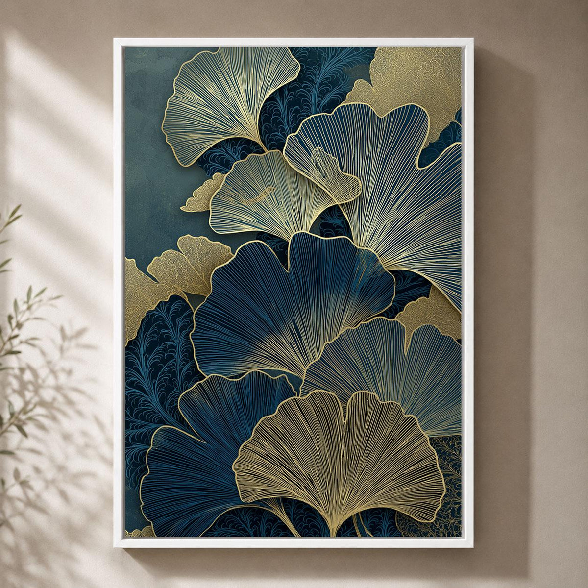 Blue and Gold Ginkgo Elegant Botanical Art Deco Leaf Framed Canvas