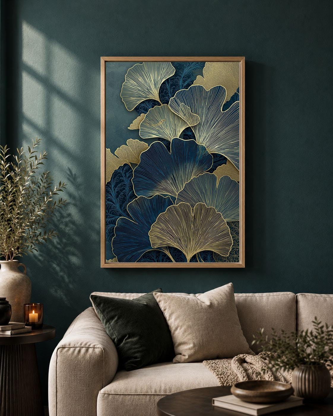 Blue and Gold Ginkgo Elegant Botanical Art Deco Leaf Framed Canvas