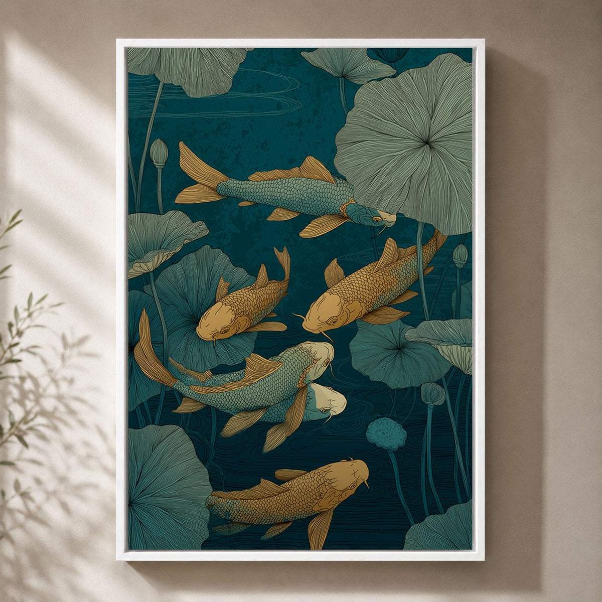 Koi Fish Japanese Pond Blue and Gold Lotus Oriental Framed Canvas