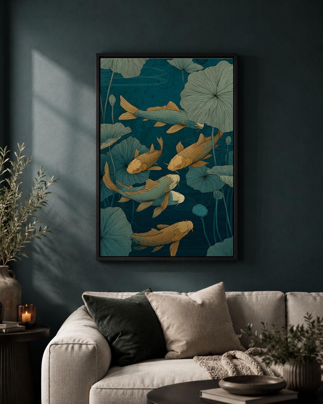 Koi Fish Japanese Pond Blue and Gold Lotus Oriental Framed Canvas