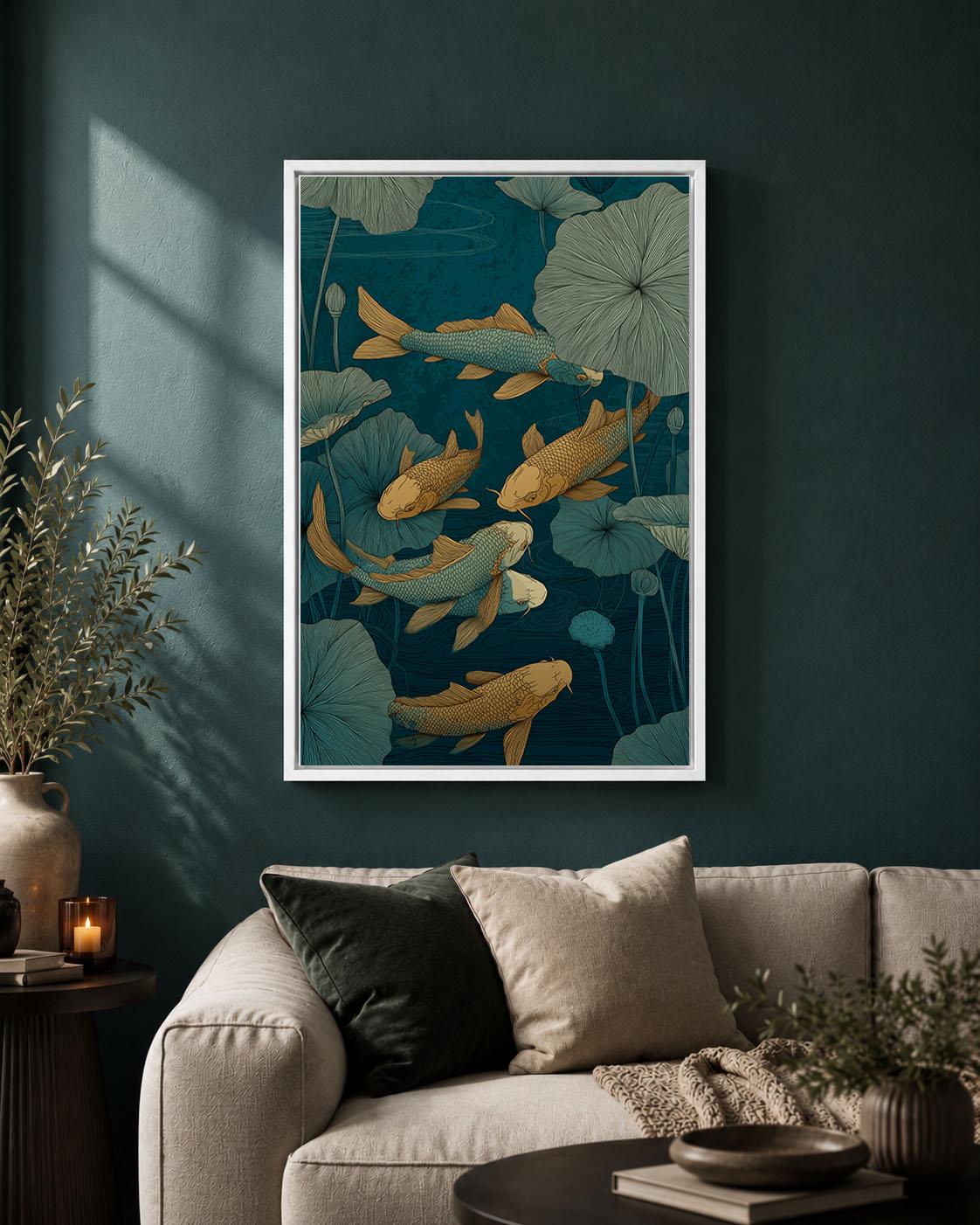 Koi Fish Japanese Pond Blue and Gold Lotus Oriental Framed Canvas