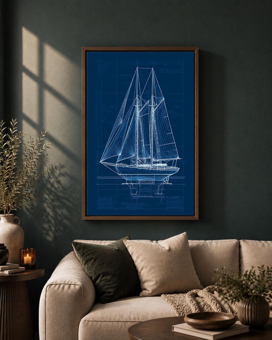 Sailboat Blueprint Navy Blue Nautical Sailing Boat Technical Drawing Framed Canvas