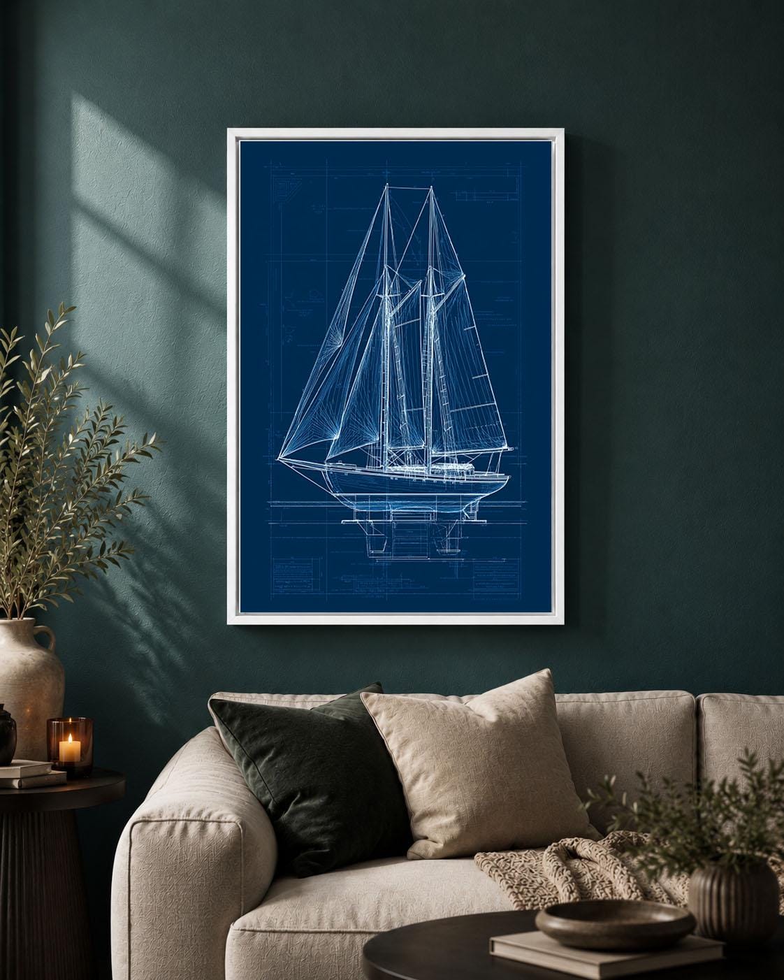 Sailboat Blueprint Navy Blue Nautical Sailing Boat Technical Drawing Framed Canvas