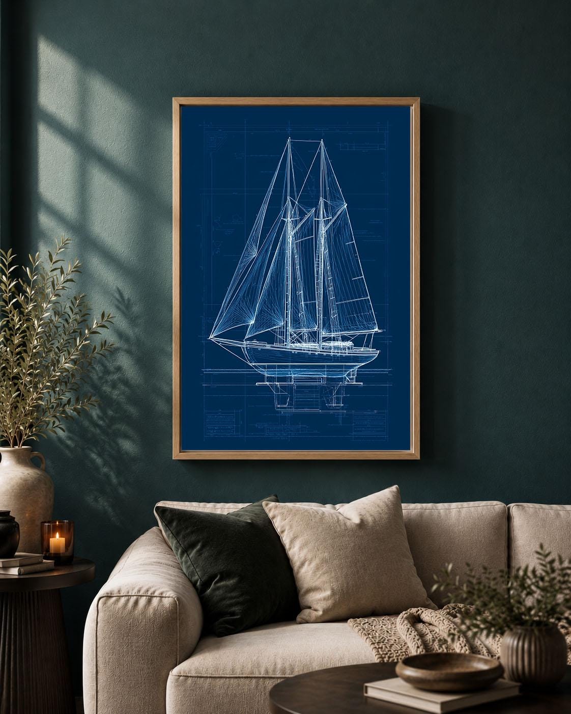 Sailboat Blueprint Navy Blue Nautical Sailing Boat Technical Drawing Framed Canvas