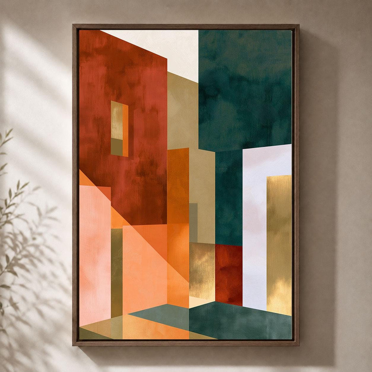 Neo Deco Geometric Abstract Orange Green and Gold Framed Canvas