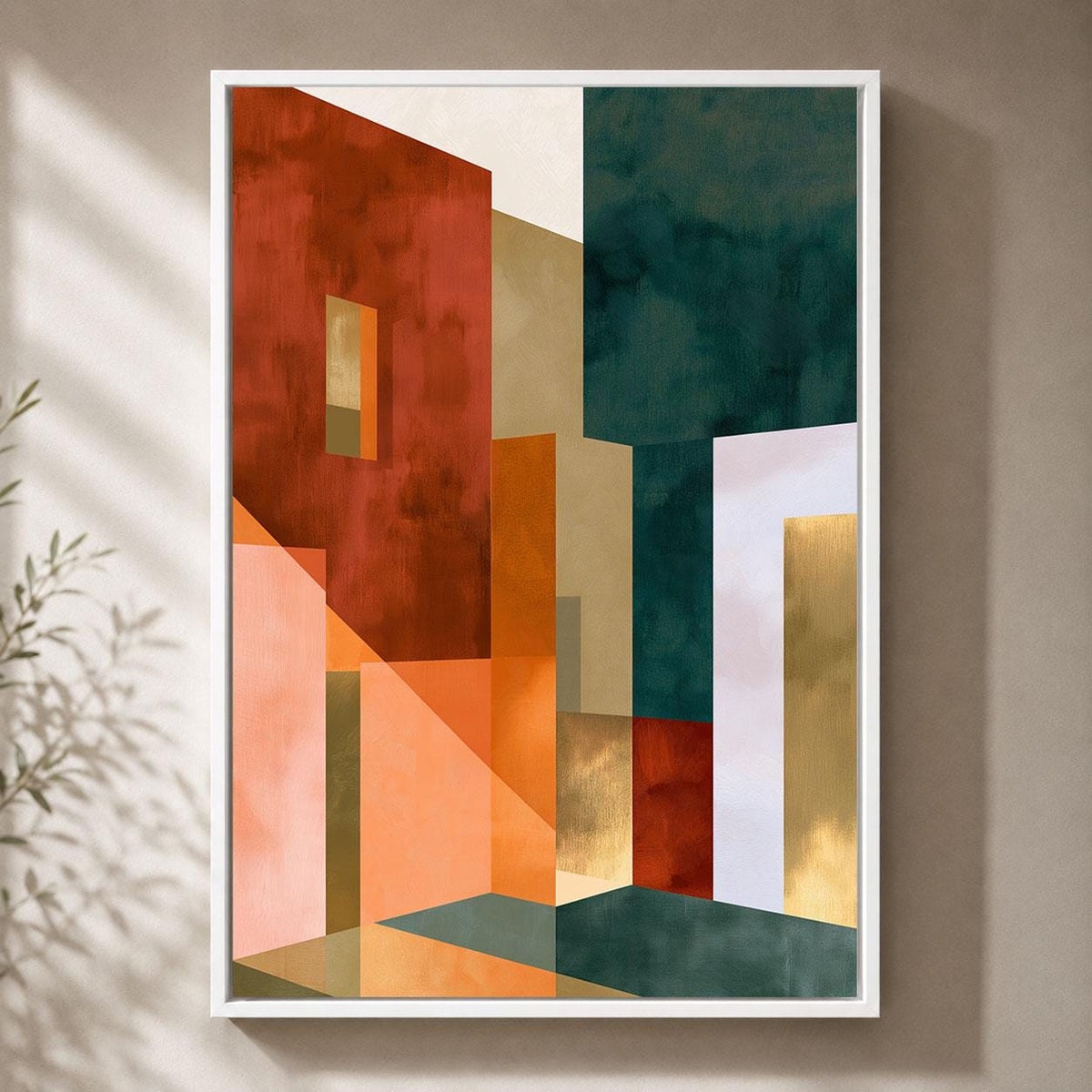 Neo Deco Geometric Abstract Orange Green and Gold Framed Canvas