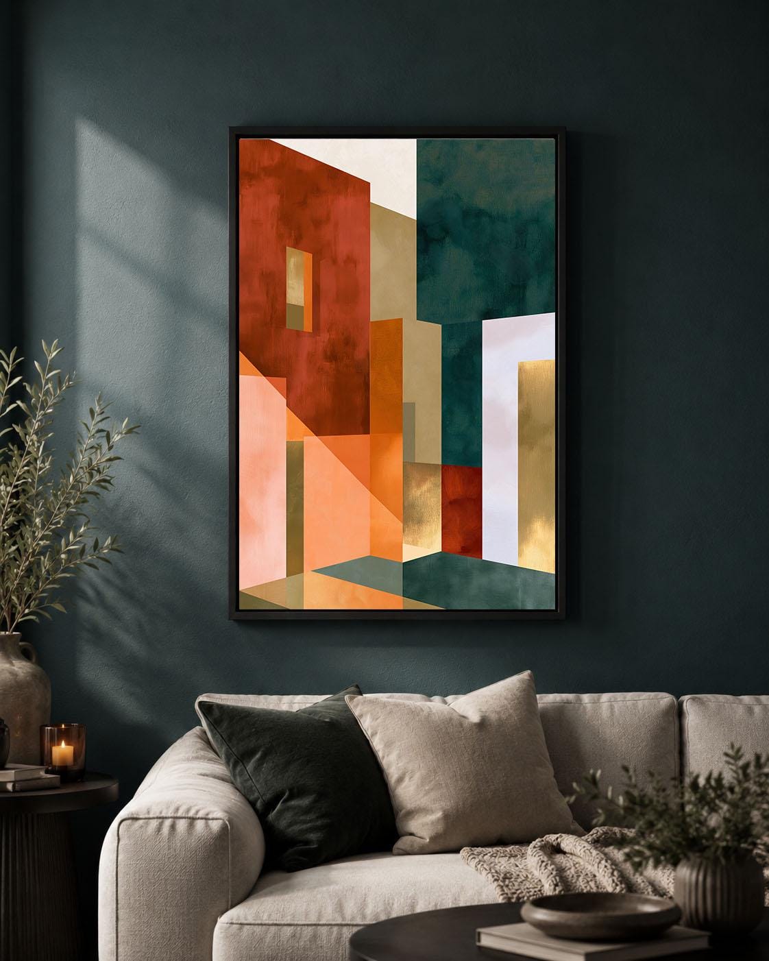 Neo Deco Geometric Abstract Orange Green and Gold Framed Canvas