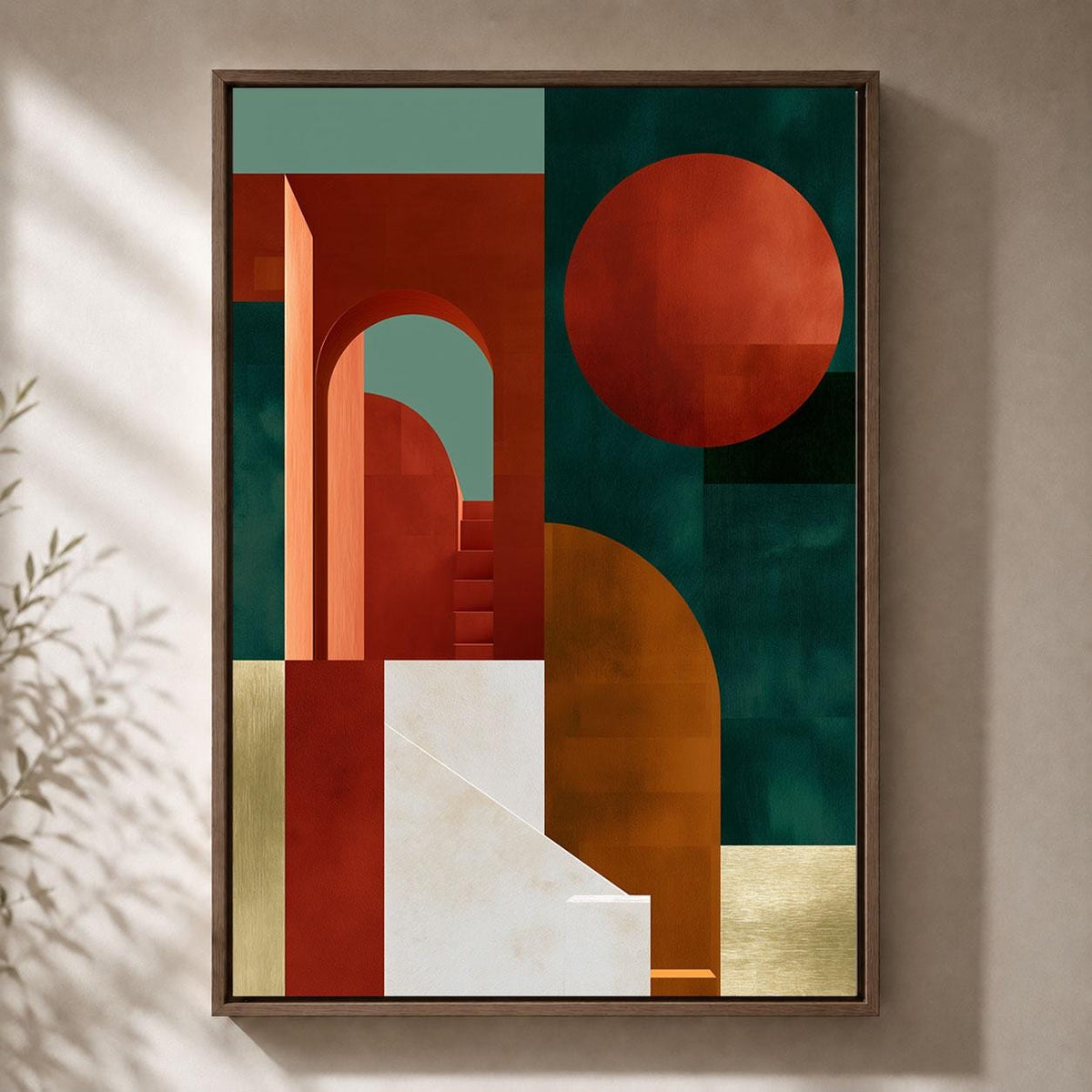 Neo Deco Geometric Arch Rust Orange and Green Abstract Framed Canvas
