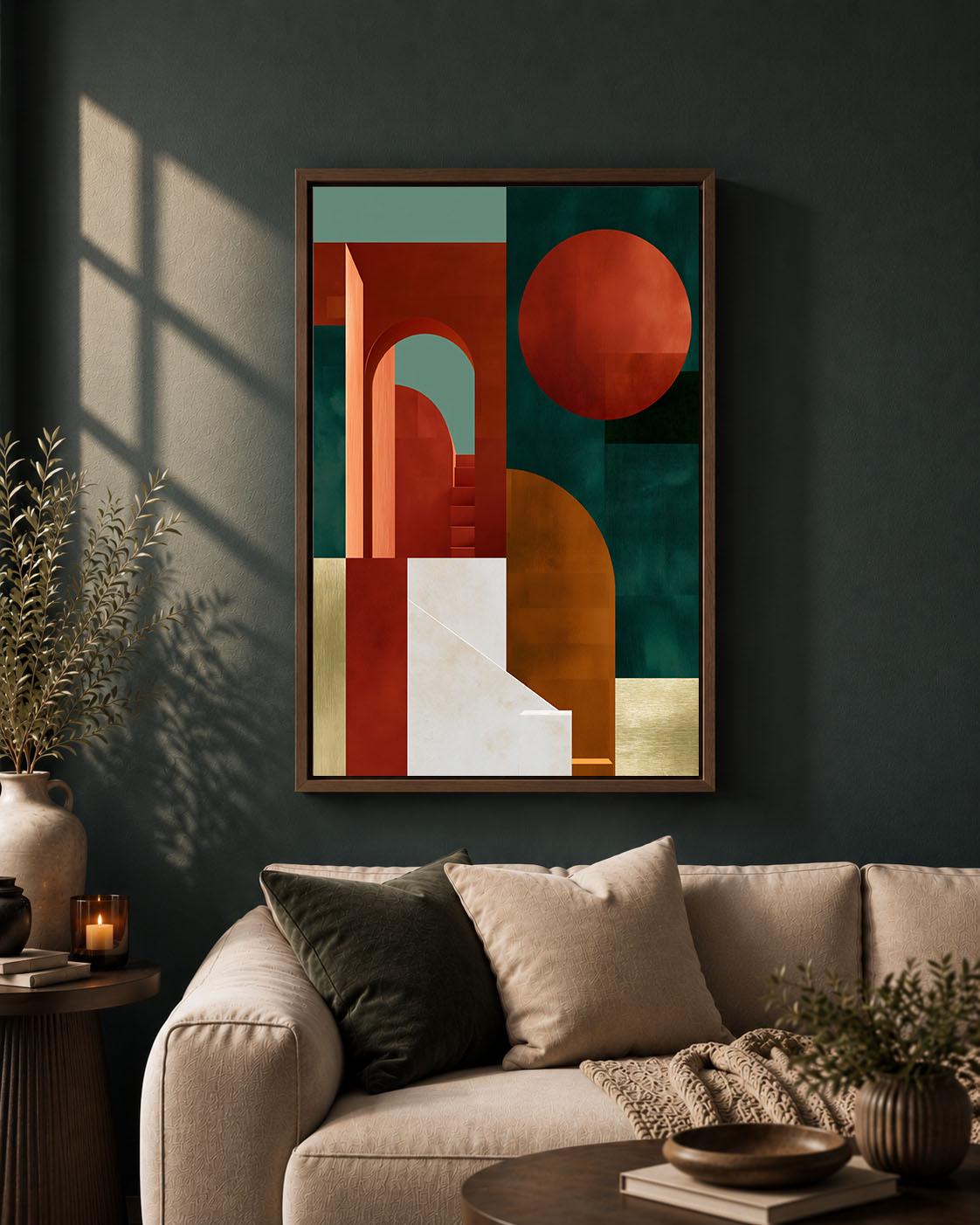 Neo Deco Geometric Arch Rust Orange and Green Abstract Framed Canvas
