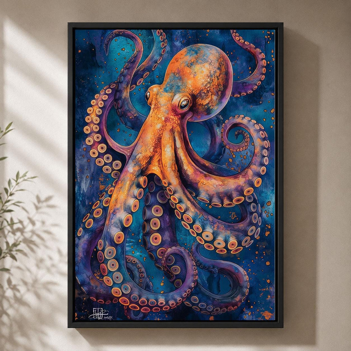 Colourful Octopus Blue & Orange Sea Life Maximalist Ocean Framed Canvas