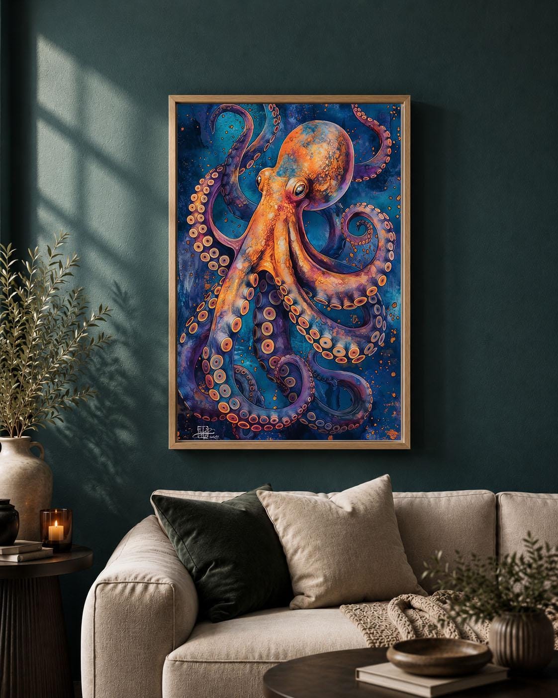 Colourful Octopus Blue & Orange Sea Life Maximalist Ocean Framed Canvas