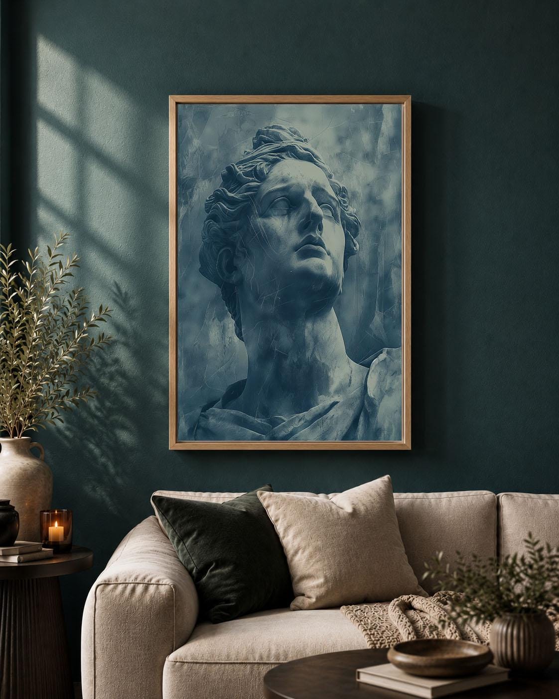Classical Statue Blue Patina Sculpture Antique Greco Figure Framed Canvas