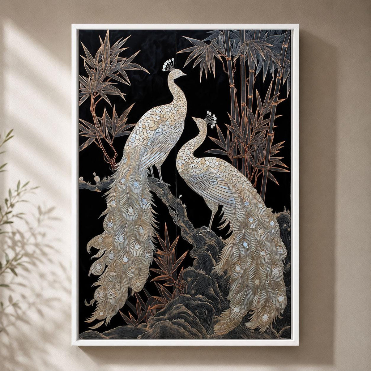 White Peacock Black and Gold Elegant Chinoiserie Oriental Framed Canvas