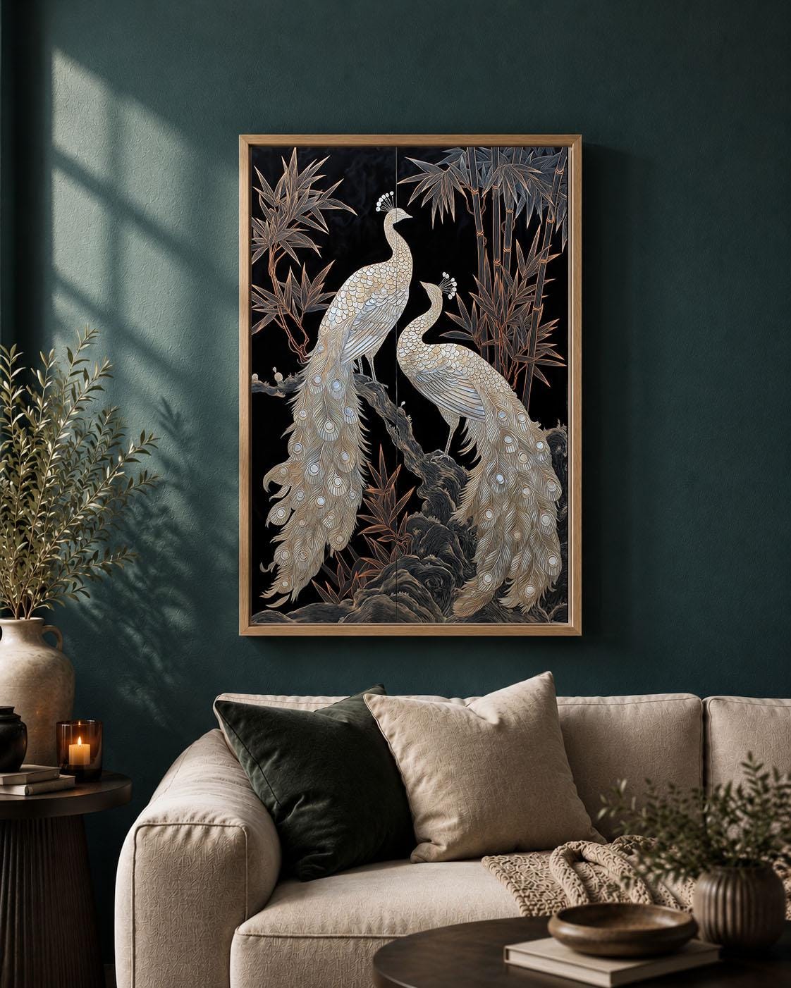 White Peacock Black and Gold Elegant Chinoiserie Oriental Framed Canvas