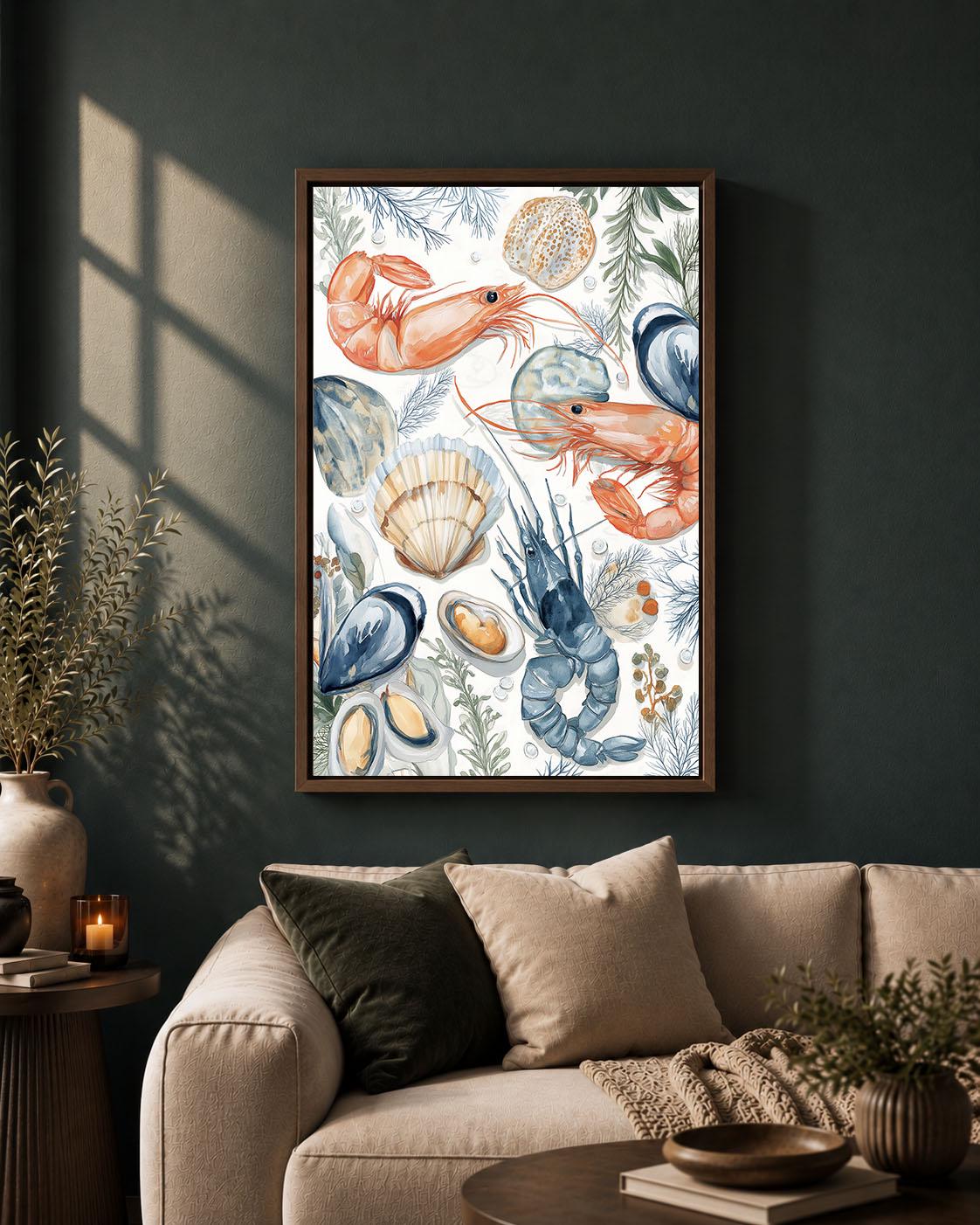 Seafood Prawn, Lobster and Shellfish Watercolour Ocean Food Framed Canvas