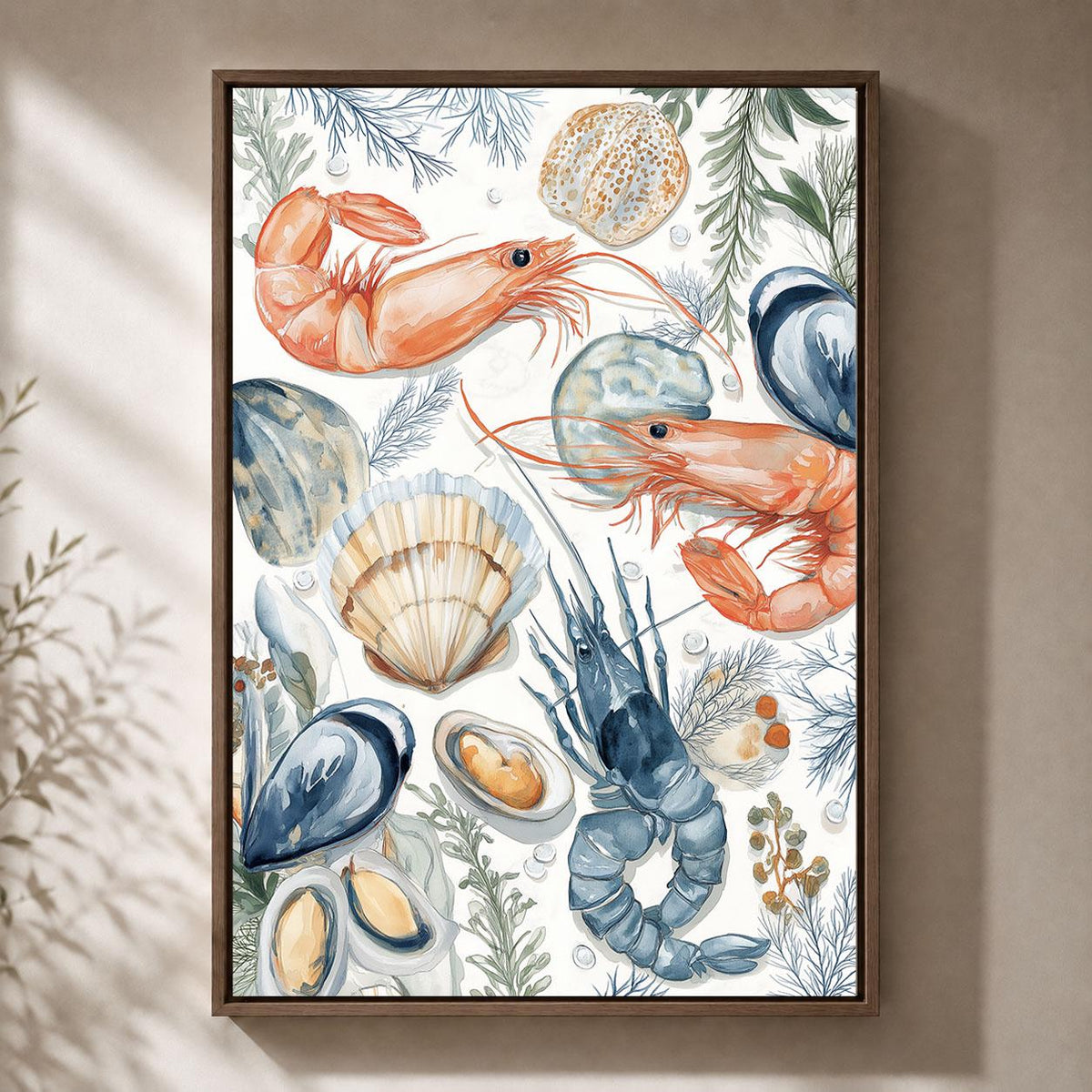 Seafood Prawn, Lobster and Shellfish Watercolour Ocean Food Framed Canvas