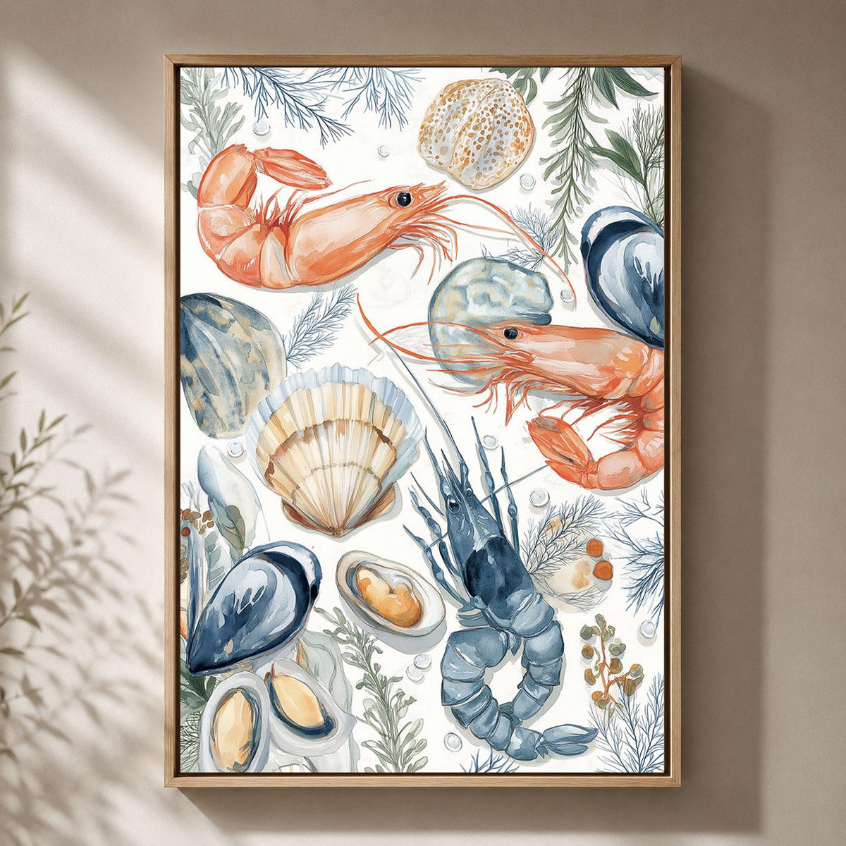 Seafood Prawn, Lobster and Shellfish Watercolour Ocean Food Framed Canvas