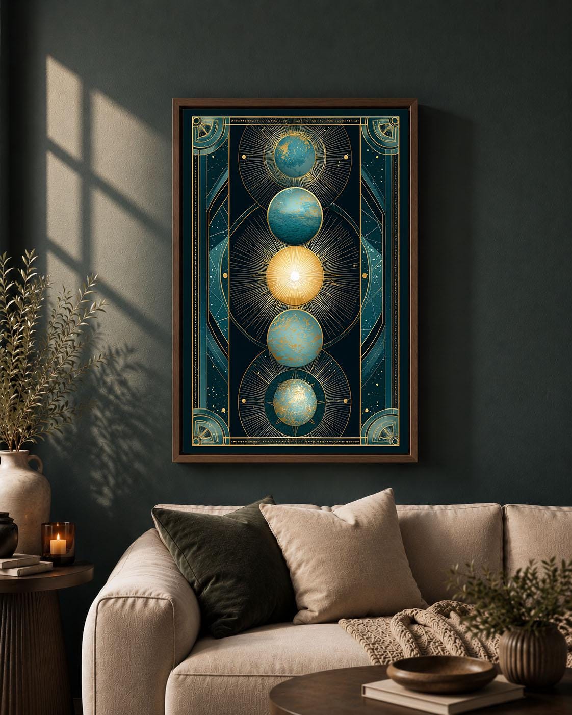 Celestial Art Deco Sun and Moon Teal and Gold Planet Framed Canvas