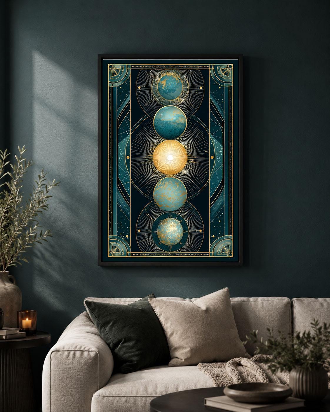 Celestial Art Deco Sun and Moon Teal and Gold Planet Framed Canvas