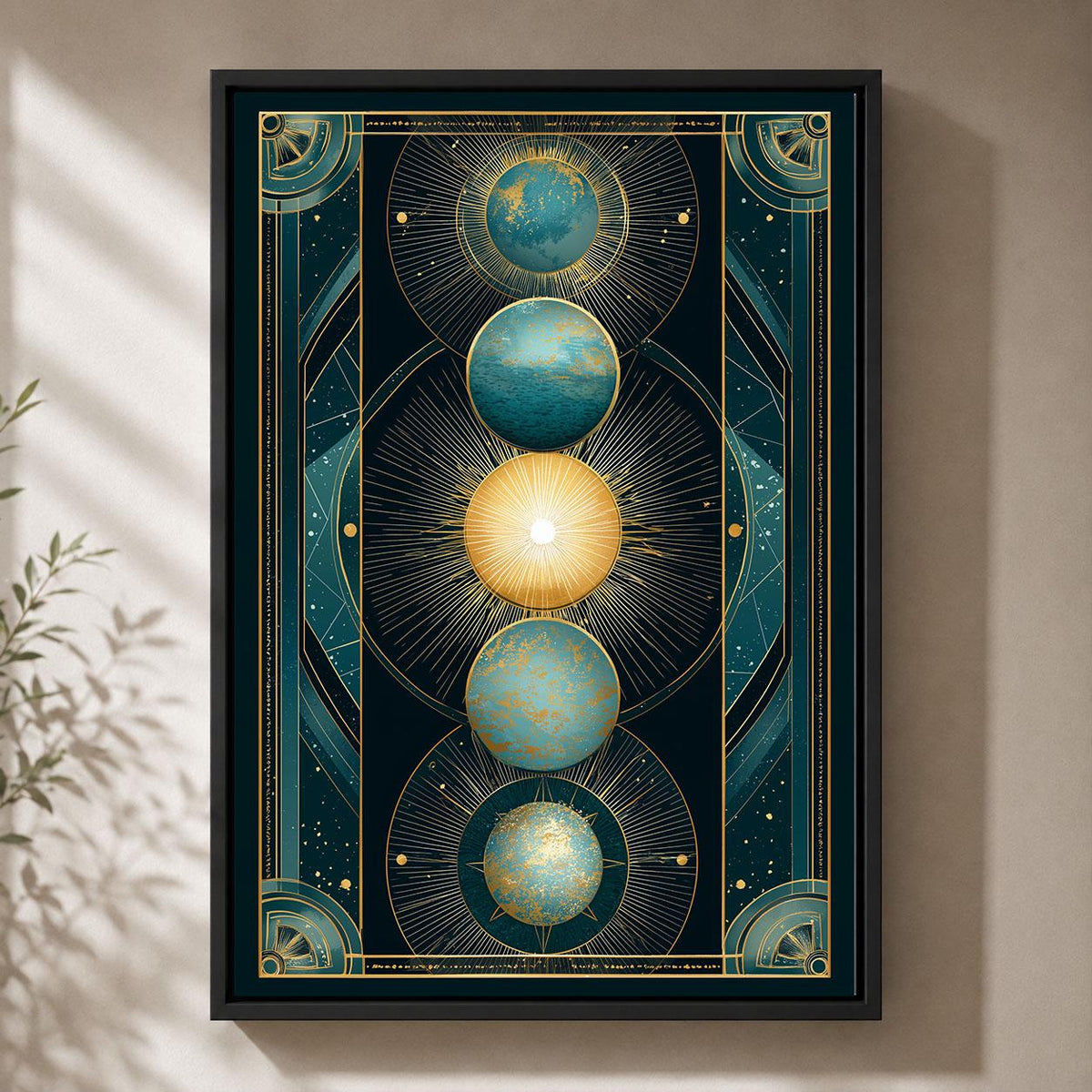 Celestial Art Deco Sun and Moon Teal and Gold Planet Framed Canvas
