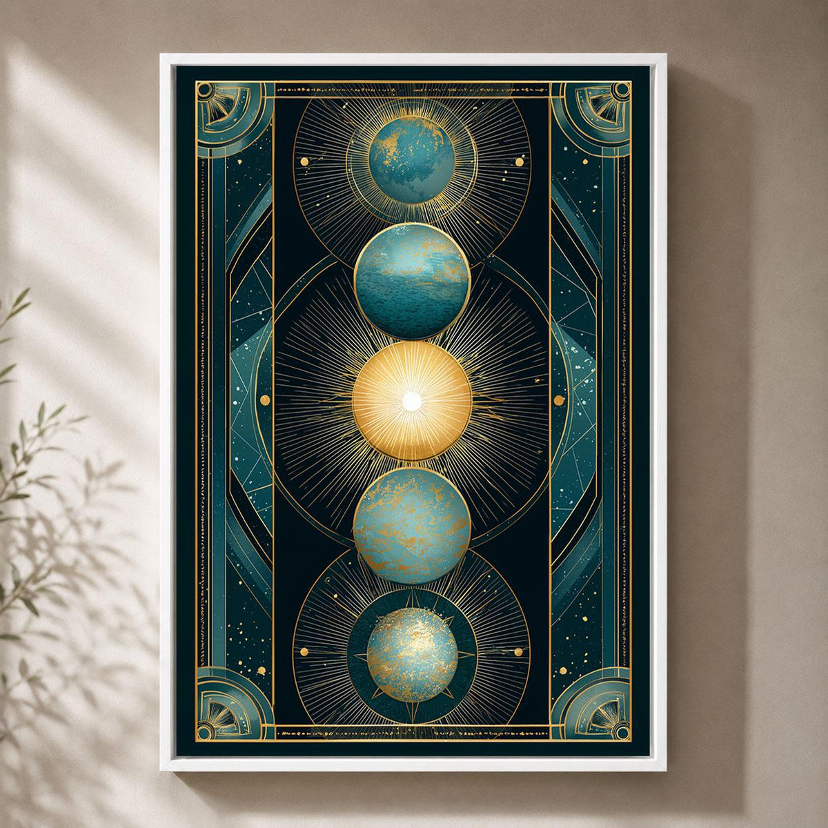 Celestial Art Deco Sun and Moon Teal and Gold Planet Framed Canvas