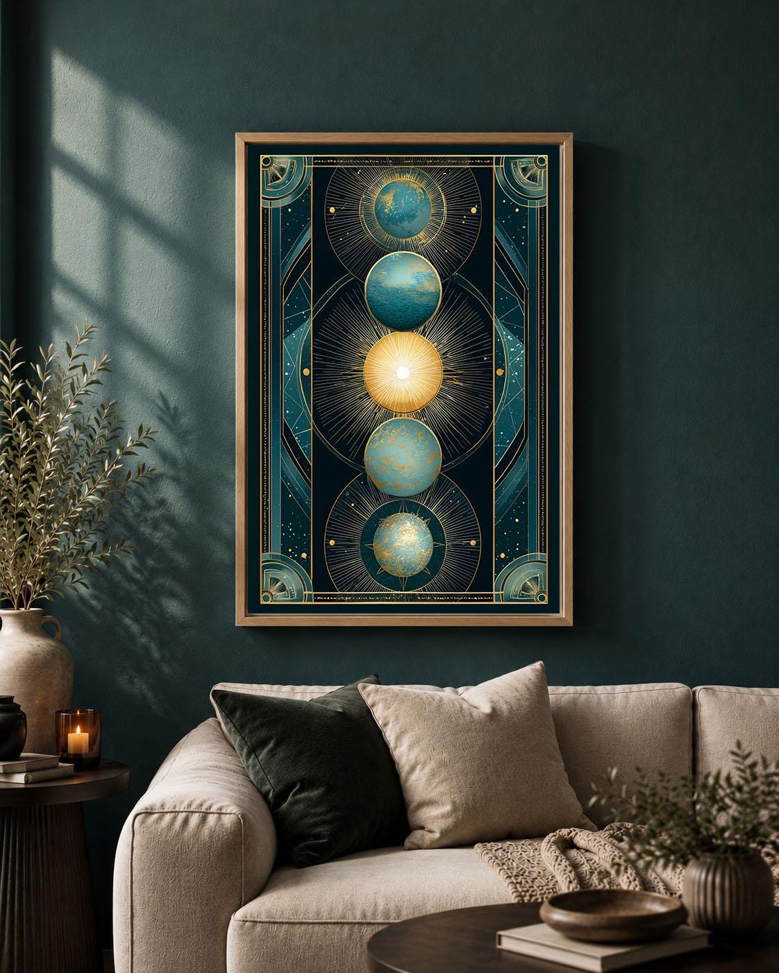 Celestial Art Deco Sun and Moon Teal and Gold Planet Framed Canvas