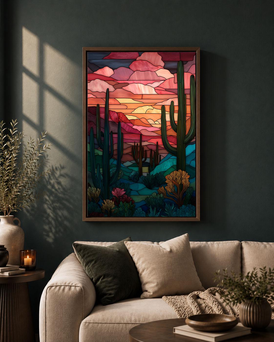 Stained Glass Effect Cactus Colourful Southwest Sunset Framed Canvas