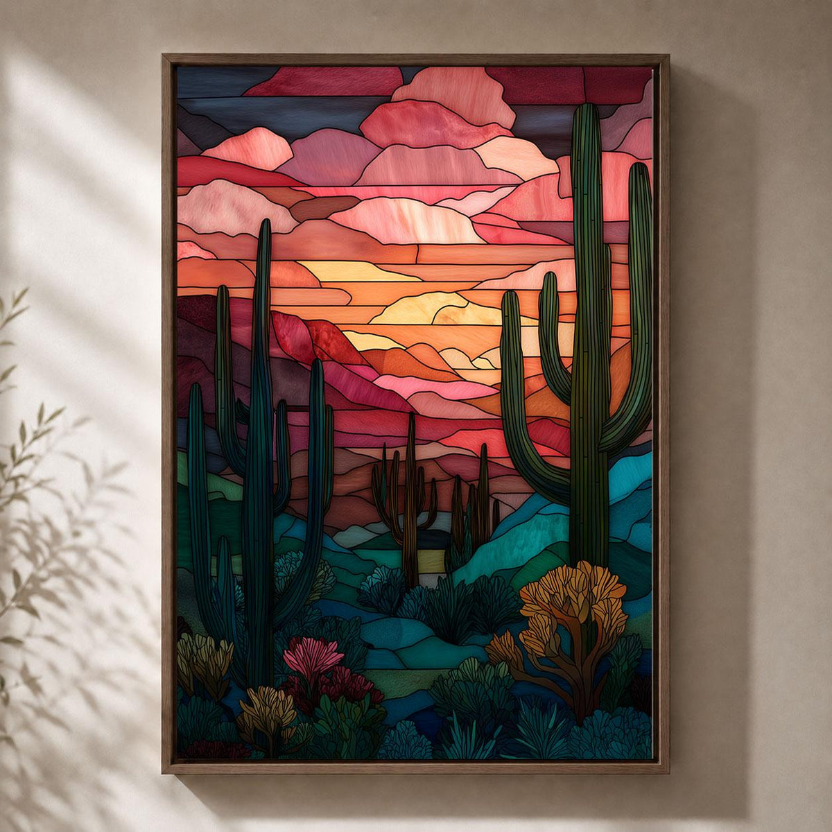 Stained Glass Effect Cactus Colourful Southwest Sunset Framed Canvas