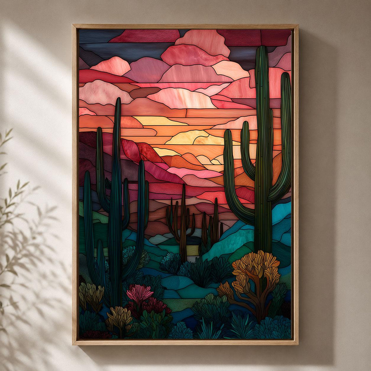 Stained Glass Effect Cactus Colourful Southwest Sunset Framed Canvas