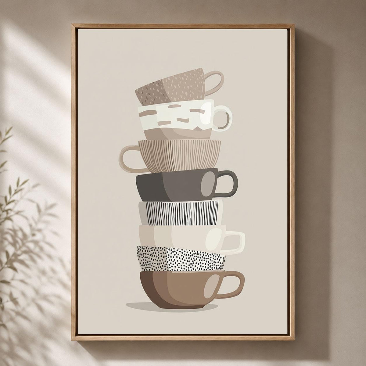 Stacked Teacups Neutral Kitchen Modern Tea and Coffee Cup Framed Canvas
