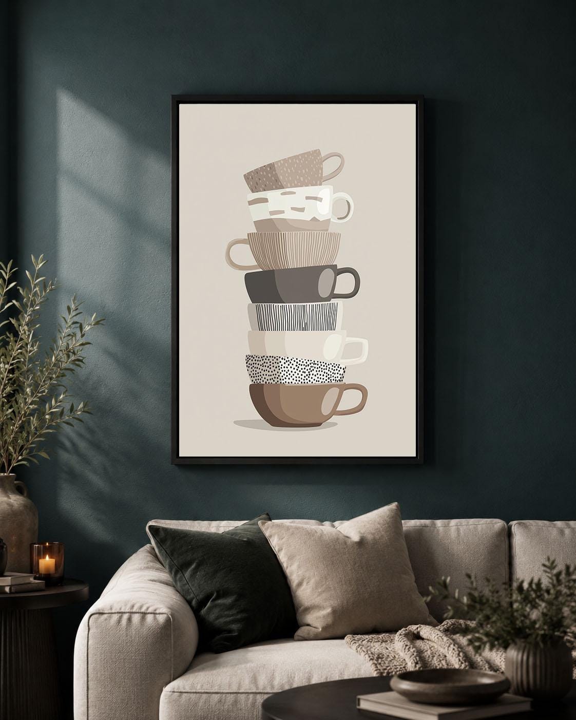 Stacked Teacups Neutral Kitchen Modern Tea and Coffee Cup Framed Canvas
