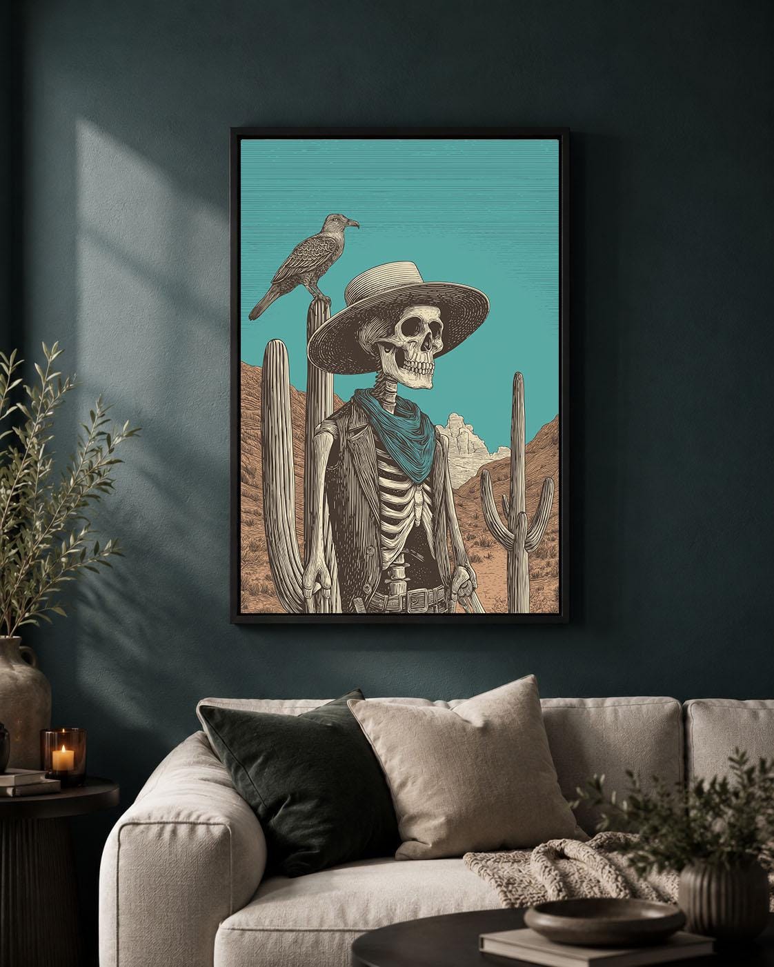 Skeleton Cowboy Western Gothic Turquoise Desert Skull Framed Canvas