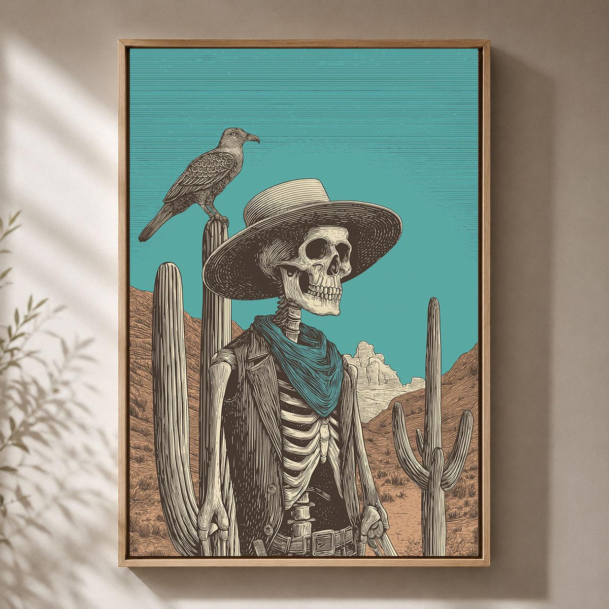 Skeleton Cowboy Western Gothic Turquoise Desert Skull Framed Canvas