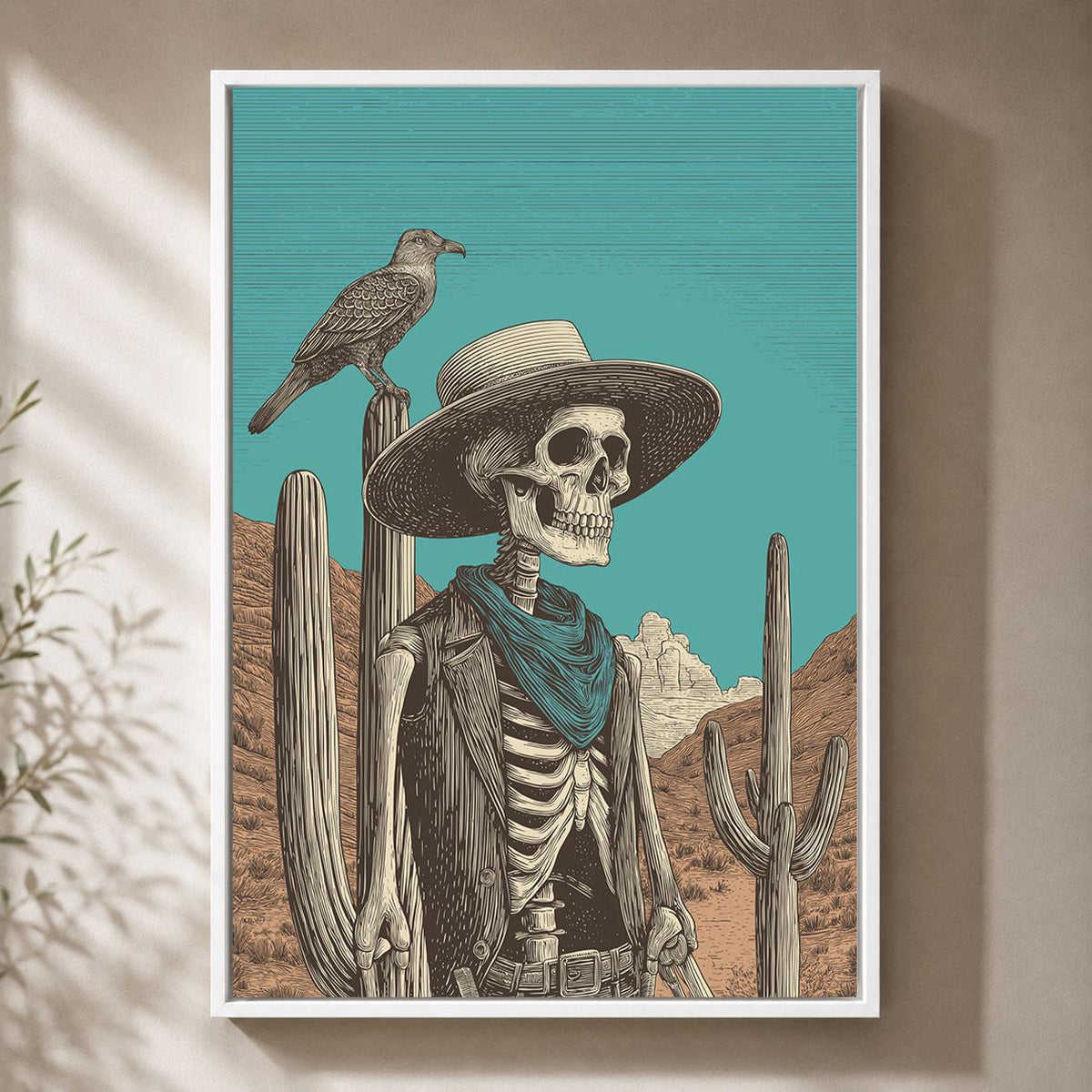 Skeleton Cowboy Western Gothic Turquoise Desert Skull Framed Canvas