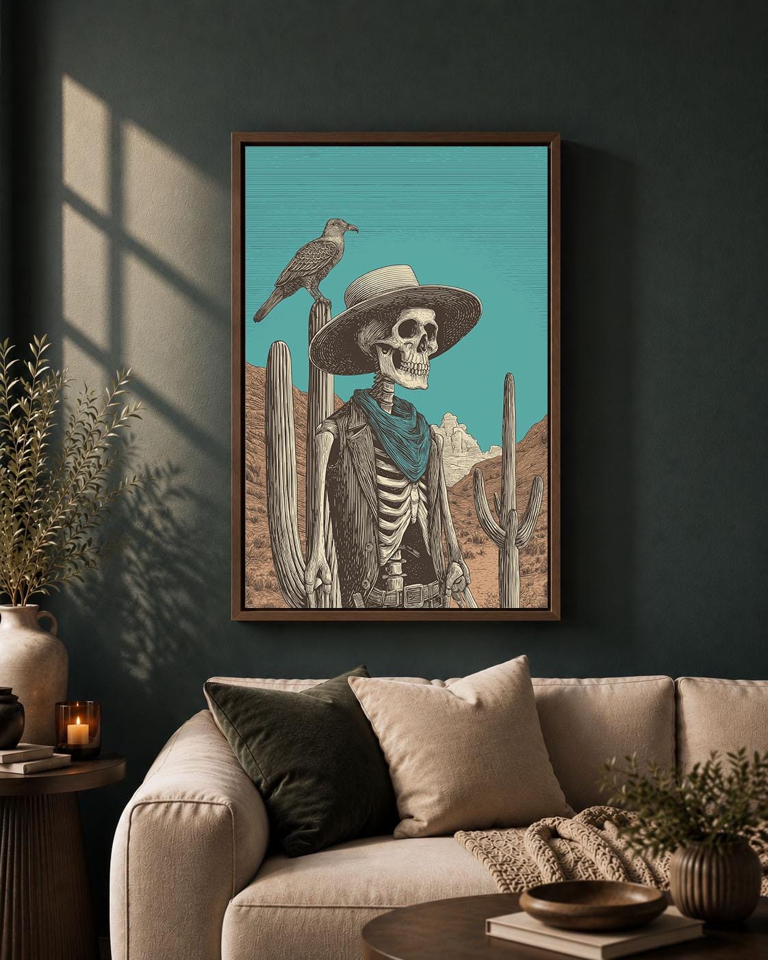 Skeleton Cowboy Western Gothic Turquoise Desert Skull Framed Canvas