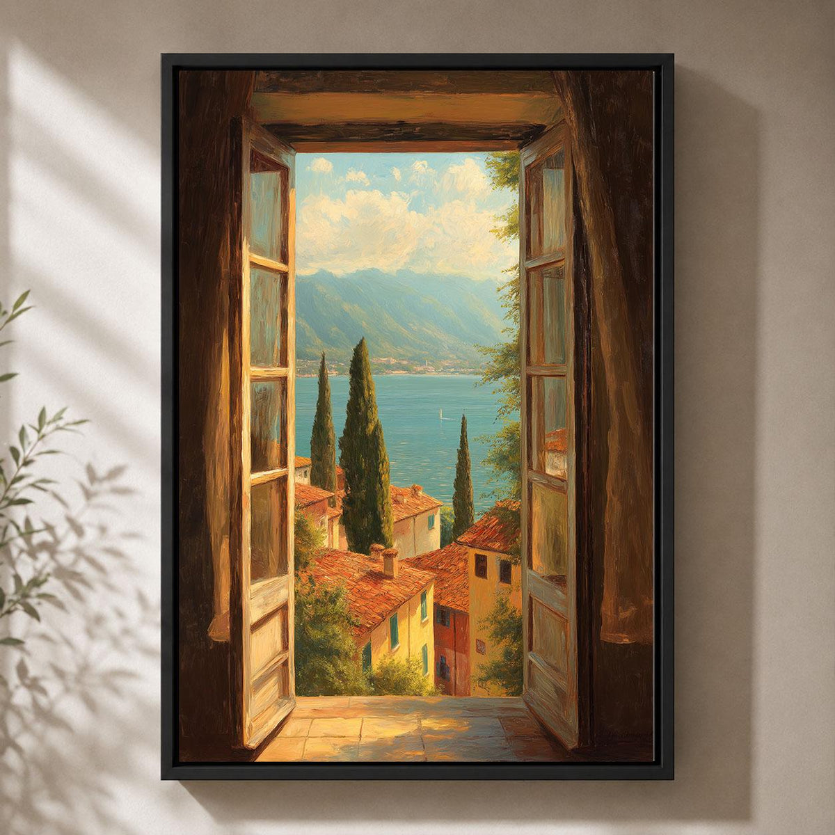 Italian Lake Open Window Mediterranean Village Framed Canvas