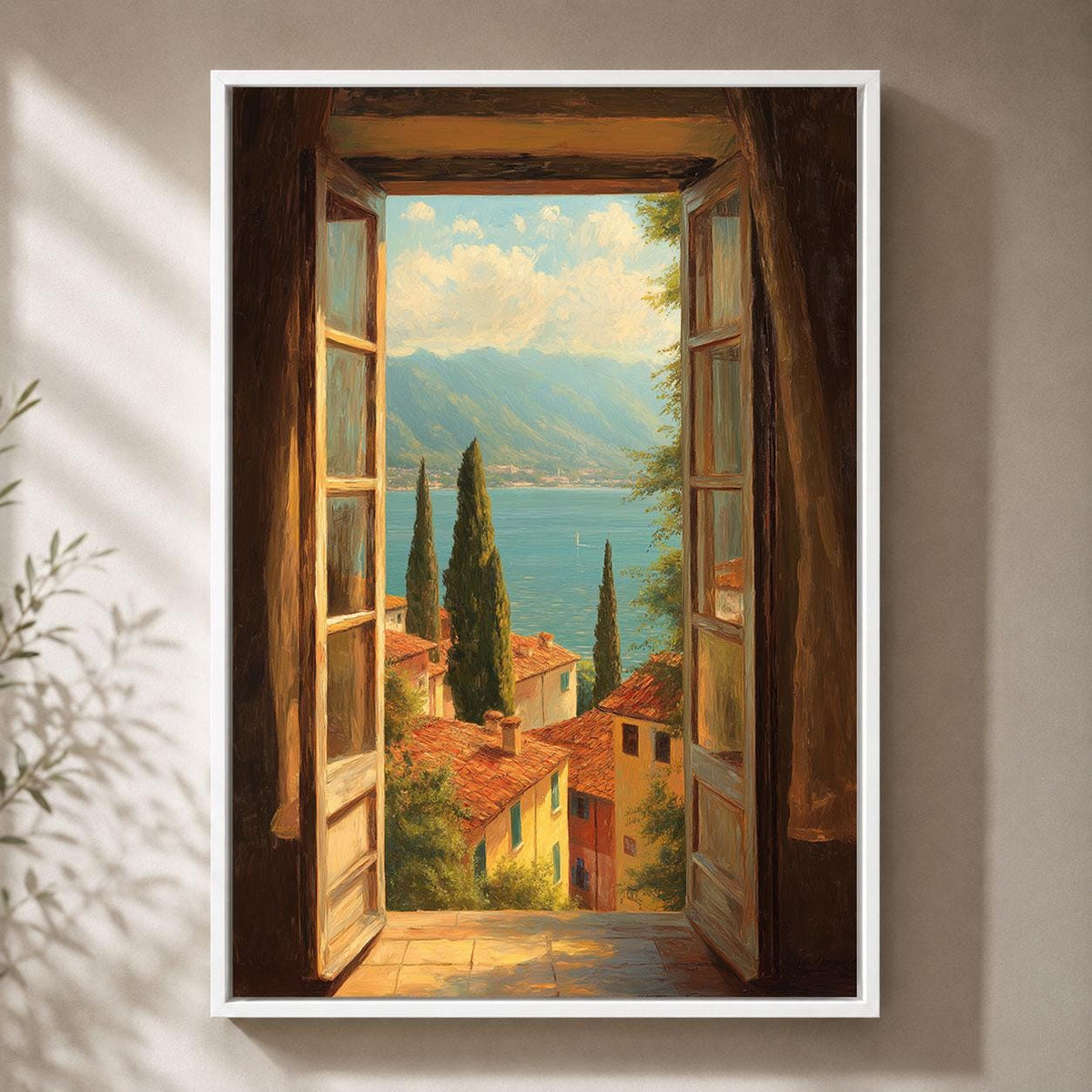 Italian Lake Open Window Mediterranean Village Framed Canvas