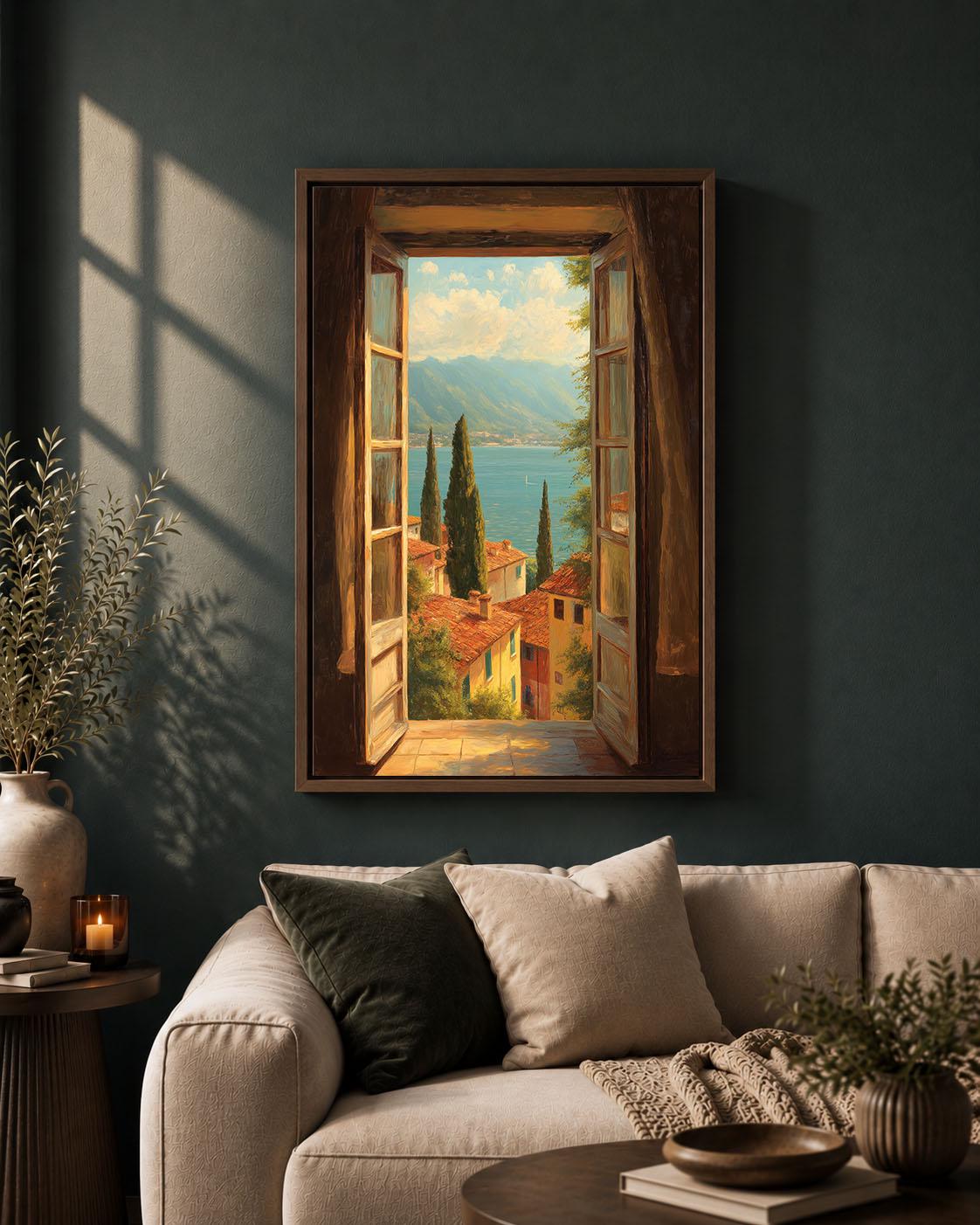 Italian Lake Open Window Mediterranean Village Framed Canvas
