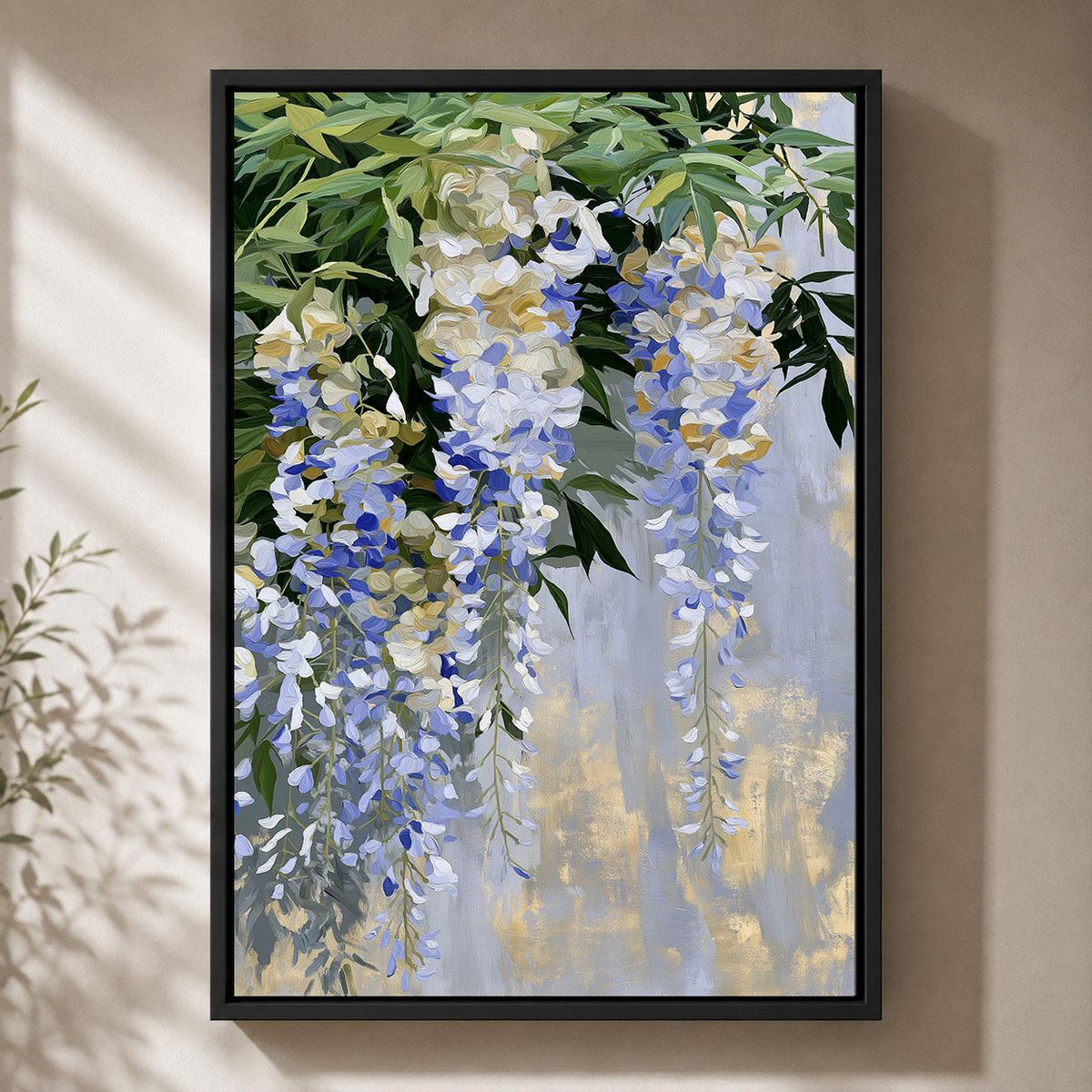 Wisteria Blue and White Floral Elegant Hanging Flower Framed Canvas