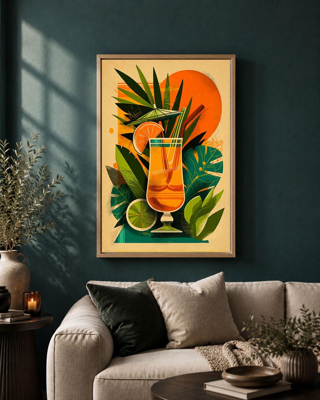 Tropical Cocktail Retro Drinks Orange Green Tiki Bar Mid Century Framed Canvas