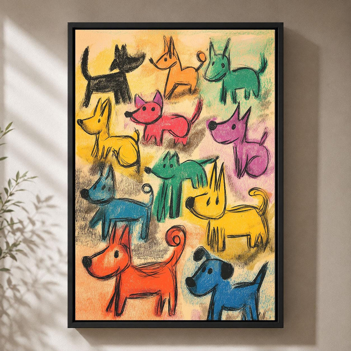Colourful Dog Crayon Effect Nursery Playful Puppy Framed Canvas