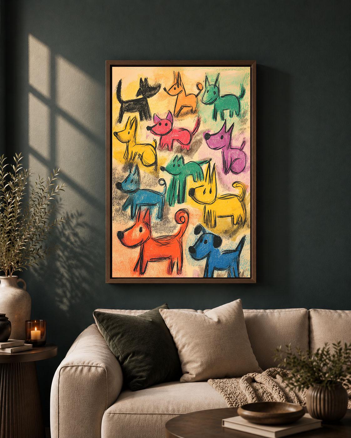 Colourful Dog Crayon Effect Nursery Playful Puppy Framed Canvas