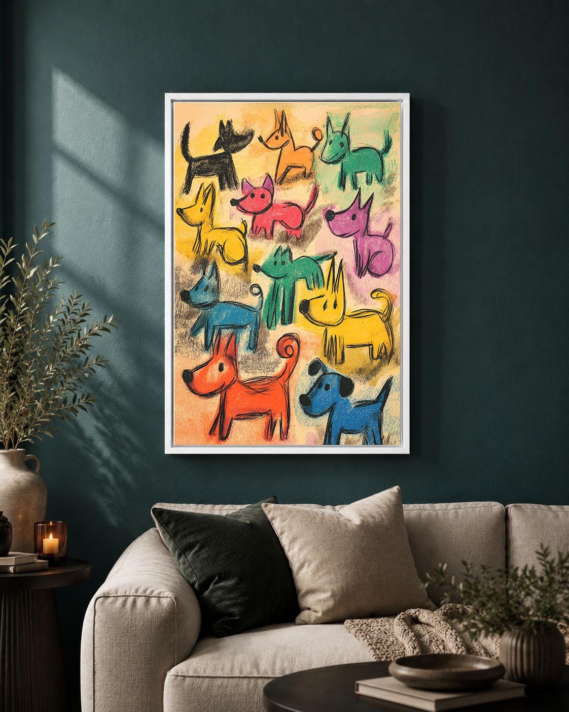 Colourful Dog Crayon Effect Nursery Playful Puppy Framed Canvas