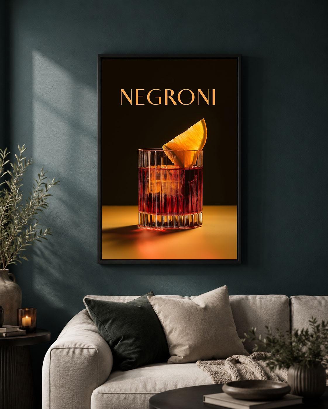 Negroni Cocktail Black and Orange Framed Canvas