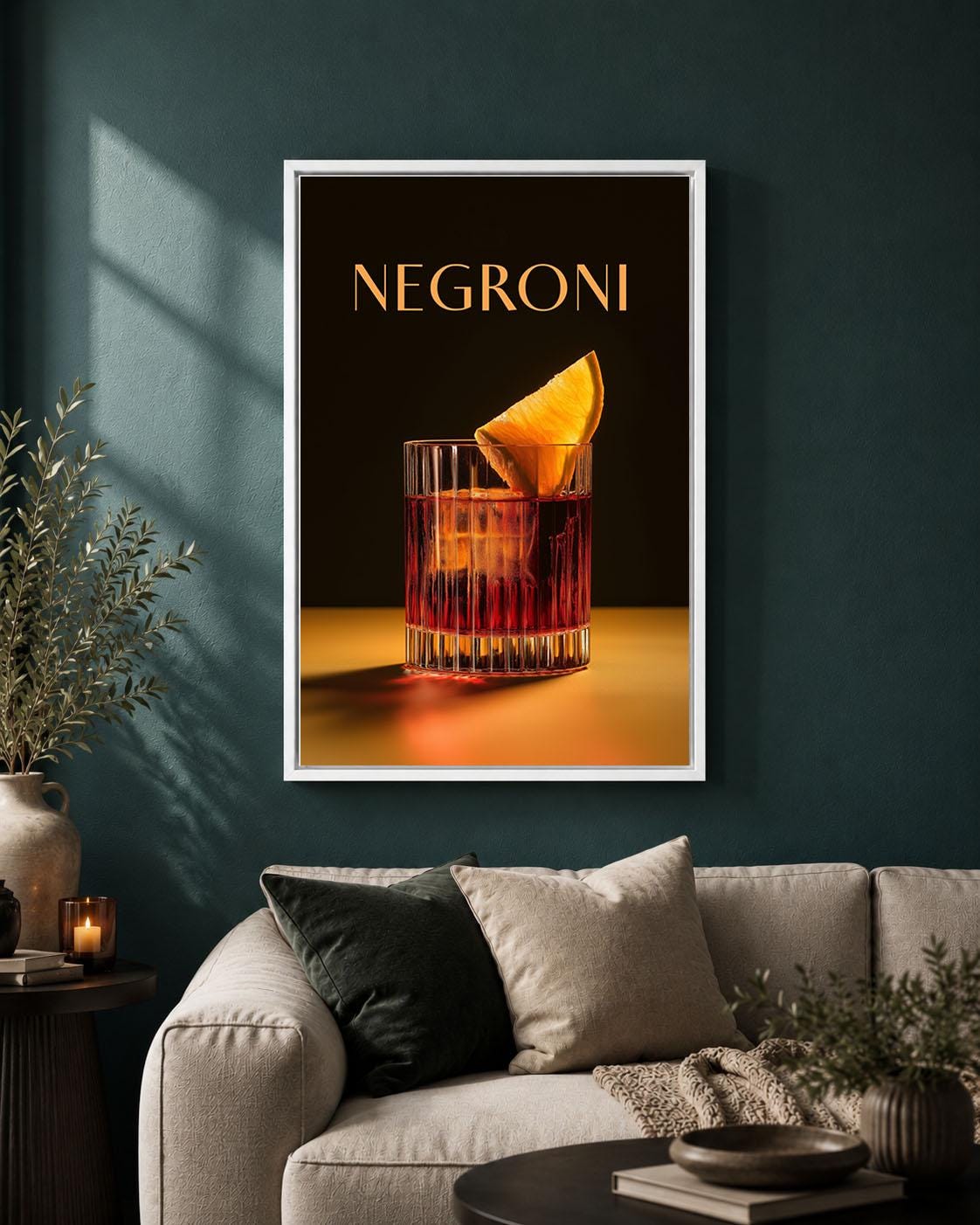 Negroni Cocktail Black and Orange Framed Canvas