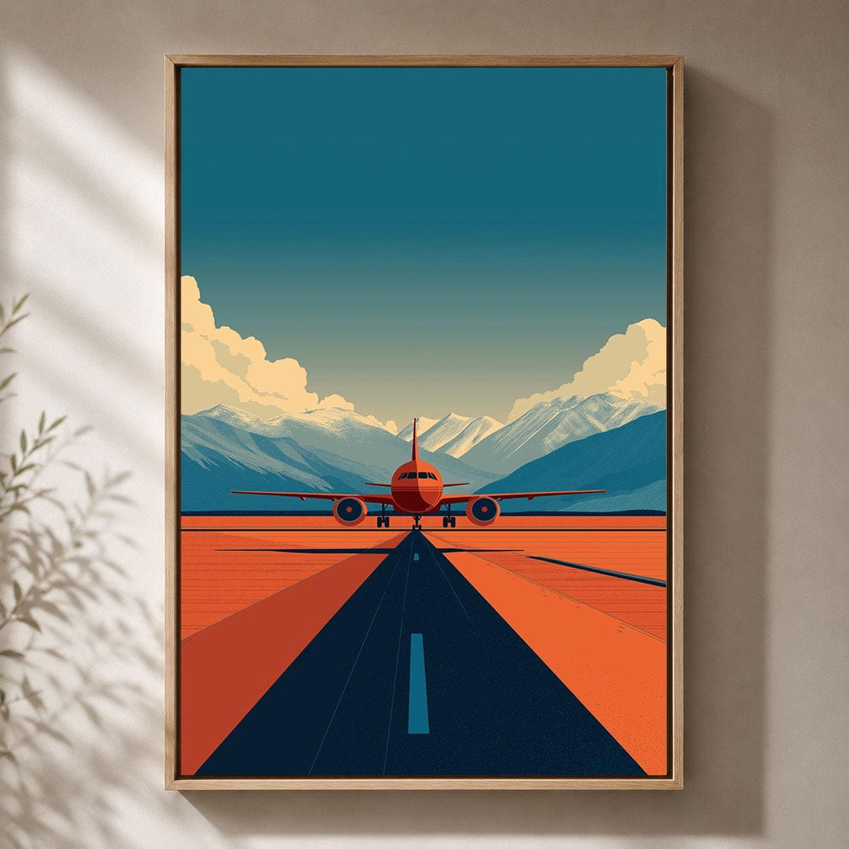 Aeroplane Retro Aviation Orange Passenger Plane Runway Framed Canvas