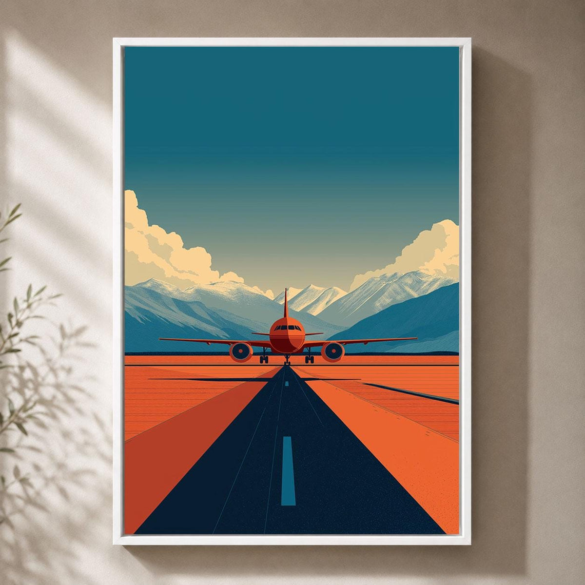 Aeroplane Retro Aviation Orange Passenger Plane Runway Framed Canvas